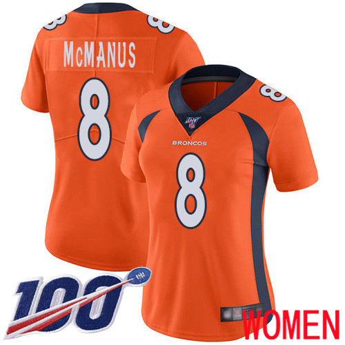 Women Denver Broncos #8 Brandon McManus Orange Team Color Vapor Untouchable Limited Player 100th Season Football NFL Jersey